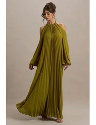 Reyna | Olive Pleated Chiffon Cold-Shoulder Maxi Dress - 3