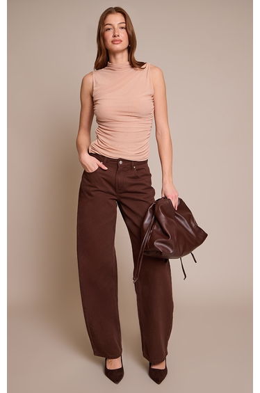 Stone Sheer Mesh High Neck Ruched Detail Long Top