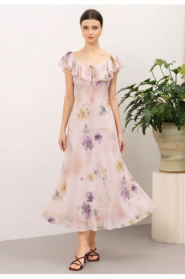 Pastel Floral Layered Ruffle Shoulder Maxi Dress for Garden Date & Afternoon Tea