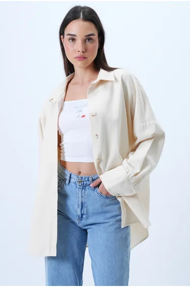 Women's Cream Dobby Wide Cuffed Gabardine Shirt Jacket