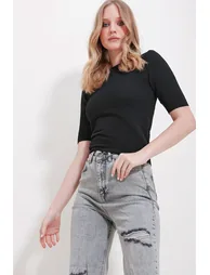 Women's Black Crew Neck Ribbed Openwork Half Sleeve Knitwear Blouse - 2