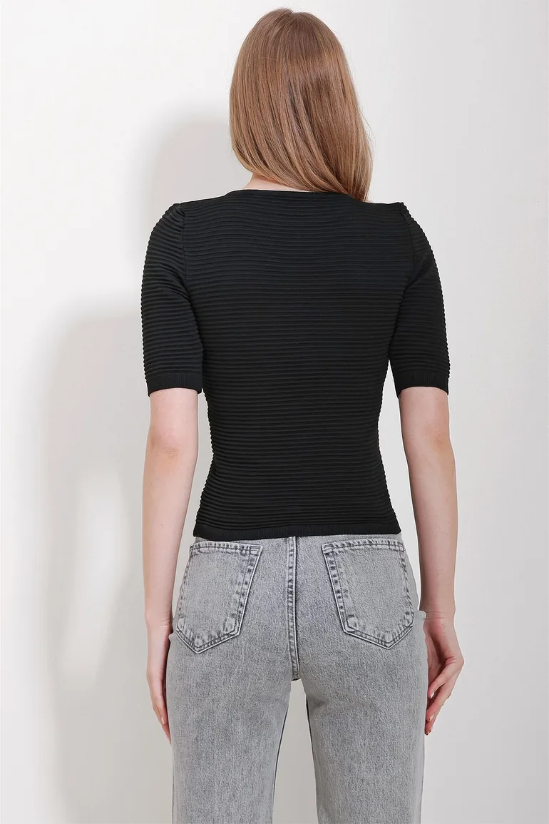 Women's Black Crew Neck Ribbed Openwork Half Sleeve Knitwear Blouse - 6