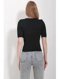 Women's Black Crew Neck Ribbed Openwork Half Sleeve Knitwear Blouse - 6