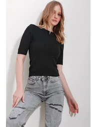 Women's Black Crew Neck Ribbed Openwork Half Sleeve Knitwear Blouse - 4