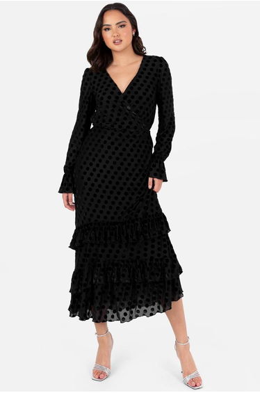Lovedrobe Black Flocked Polka Dot Midaxi Dress