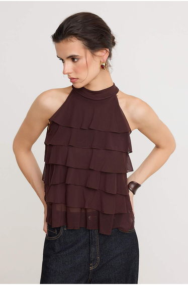 Brown Regular Fit Halter Neck Sleeveless Ruffle Tulle Knitted Blouse