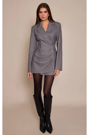 Grey Pinstripe Pleat Detail Blazer Dress
