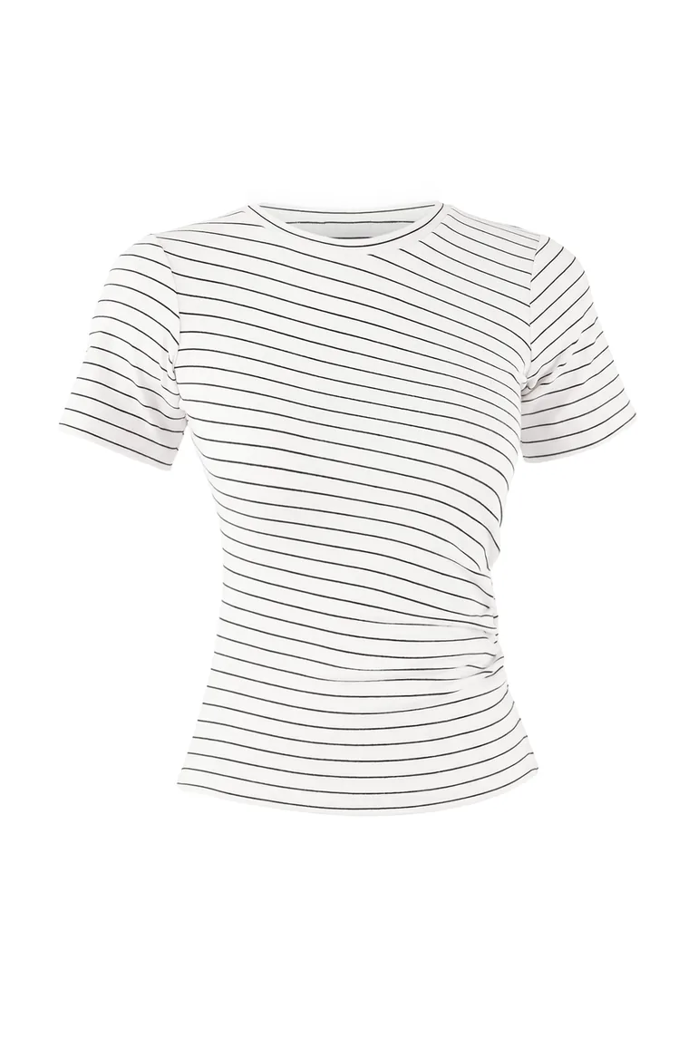 Ecru Striped Fitted/Bodycon Short Sleeve Shirred Premium Soft Knitted Blouse - 4