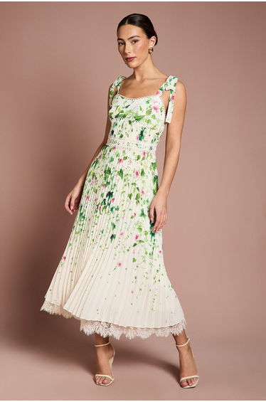 Pleated Printed Georgette Midi Dress