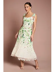 Pleated Printed Georgette Midi Dress