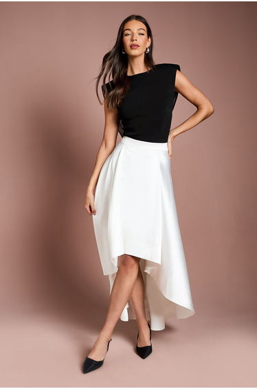 High Low Ivory Structured Twill Skirt