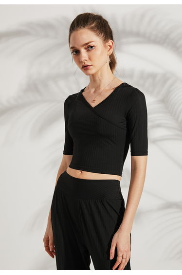 Stripe Crisscross Front Hooded Crop Sports Top in Black
