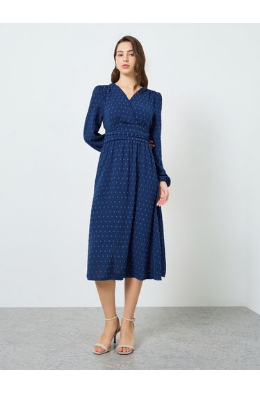 Women Blue Textured Balloon Sleeve Midi Dress