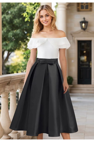 Luxurious Night Bowknot Pleated Midi Skirt in Black