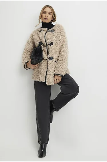 Beige Long Sleeve Tipped Borg Duffle Coat