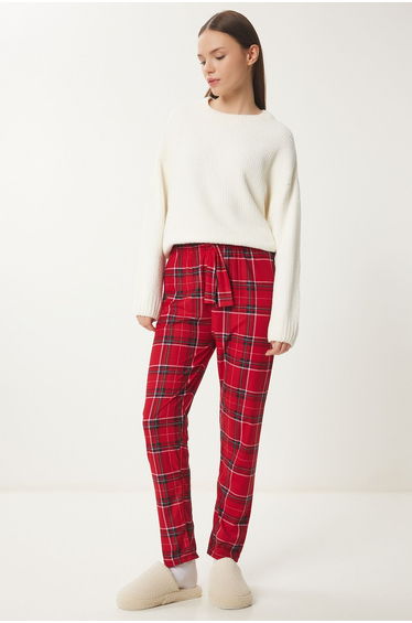Women's Red Ecru Patterned Soft Texture Knitted Pajama Bottoms