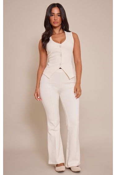 Petite Cream Interlock Seam Detail Flare Trousers