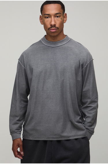 Oversized Washed Exposed Seams Long Sleeve T-Shirt - charcoal