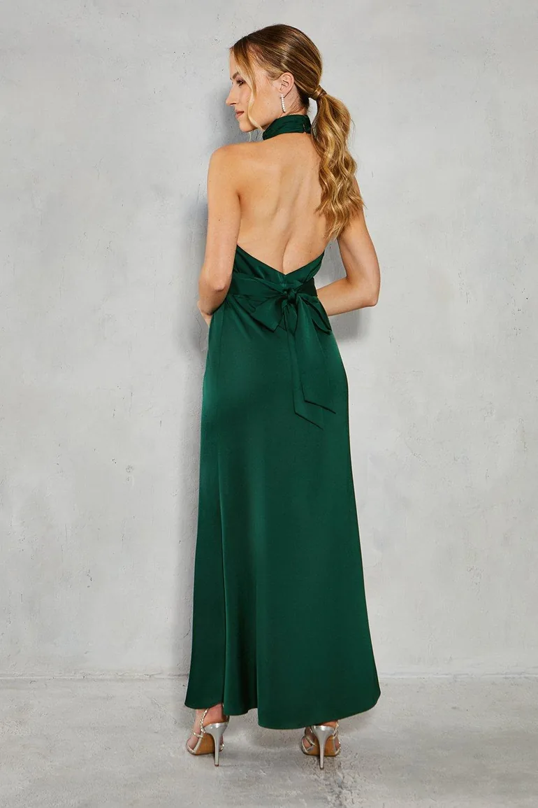 Satin Halter Bias Cut Maxi Dress - 2