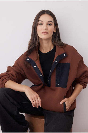 Brown Woven Garni Detailed Pocket Thick Polar Fleece Knitted Sweatshirt