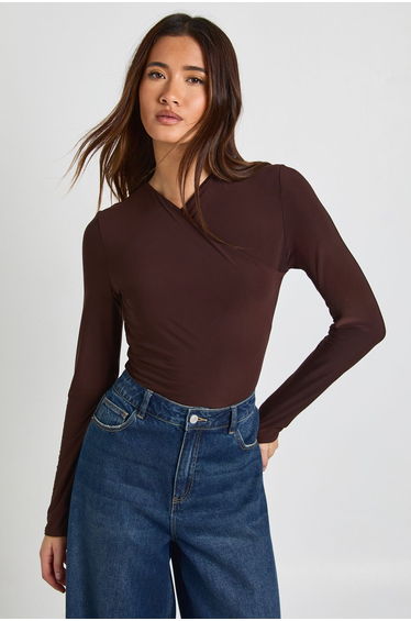 Wrap Front Matte Slinky Long Sleeve Bodysuit - chocolate