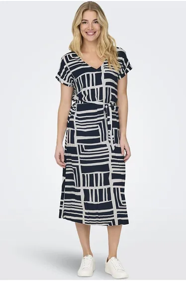 Printed Midi-Length Dress with Belted Waistband