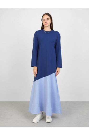 Navy Blue Color Block A-Line Maxi Dress