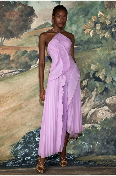 Pleated Frill Halter Neck Midi Dress