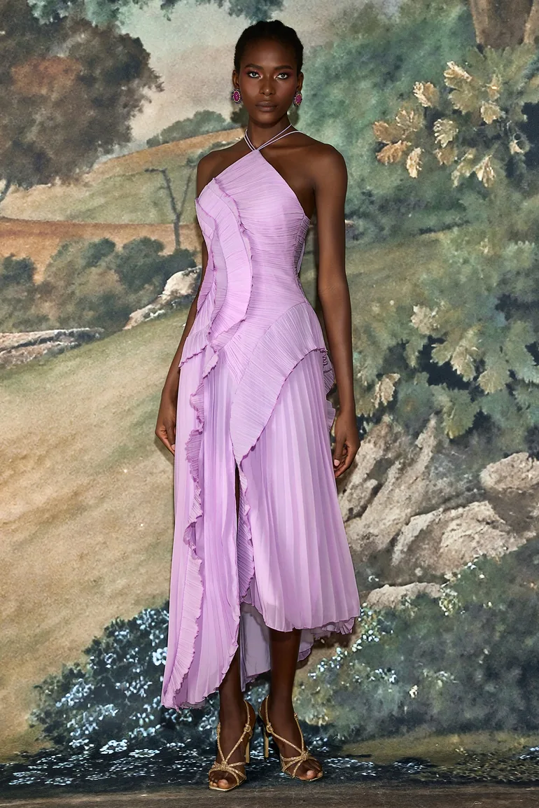 Pleated Frill Halter Neck Midi Dress - 5