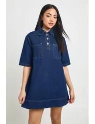 Short Sleeve Denim Dress - indigo - 1
