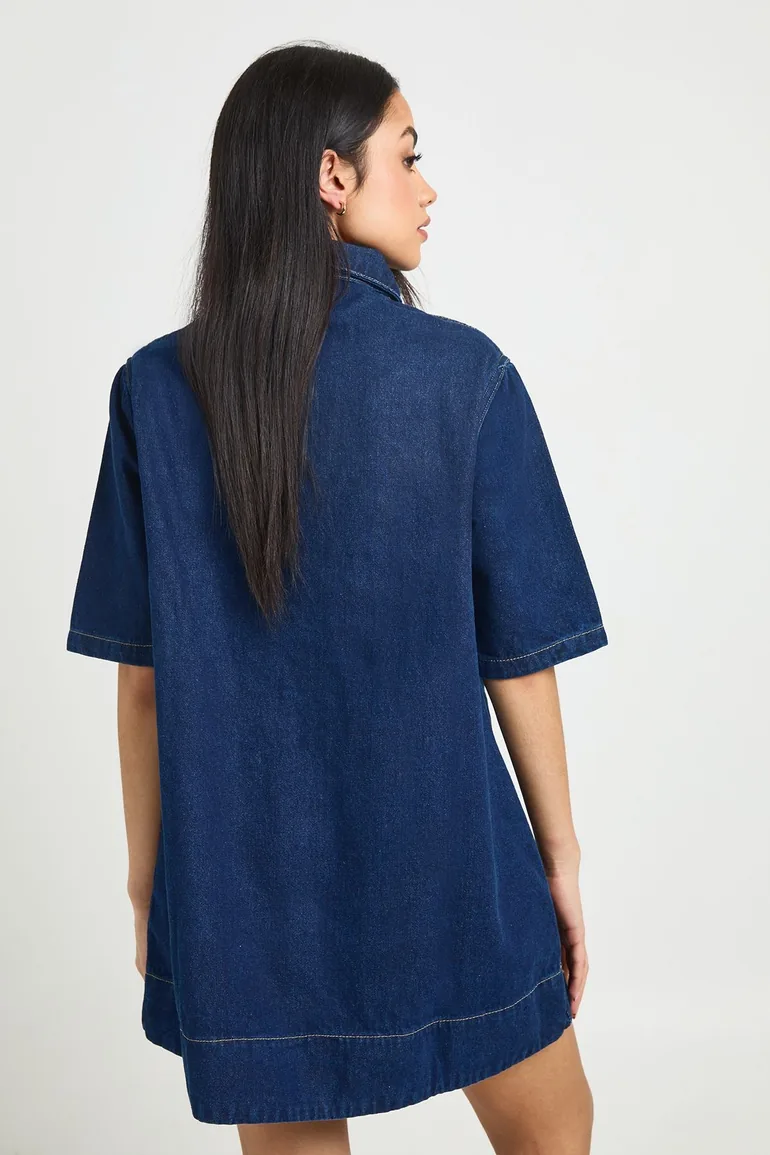 Short Sleeve Denim Dress - indigo - 2