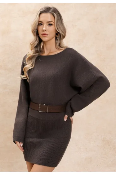 Boat Neck Batwing Sleeves Belted Knit Dress in Brown