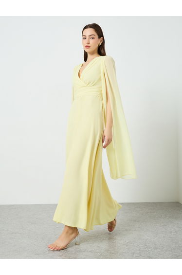 Women Yellow Crossed Fitted Waist Cape Maxi Dress
