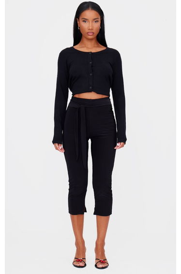 Black Double Layer Wrap Waist Capri Leggings