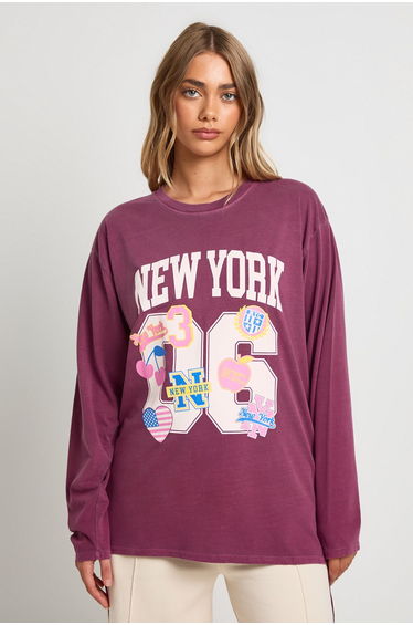 Stickered Varsity Printed Oversized Long Sleeve T-Shirt - plum