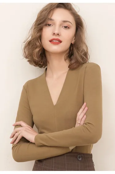 Elegant V-Neck Soft Fitted Top in Caramel