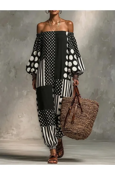 Long Sleeves Puff Sleeves Contrast Color Elasticity Polka Dot Split-Joint Striped Off-The-Shoulder Jumpsuits