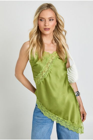 Petite Satin Lace Longline Cami - olive