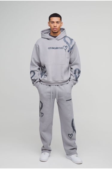 Oversized Boxy All Over Heart Printed Hooded Tracksuit - grey