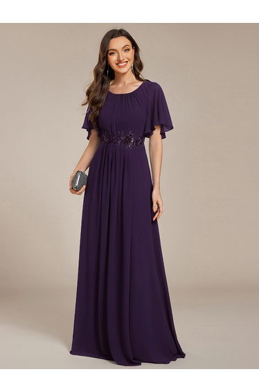 ever ASPYN|Short Sleeve Pleated Applique A-Line Floor-Length Formal Evening Dress