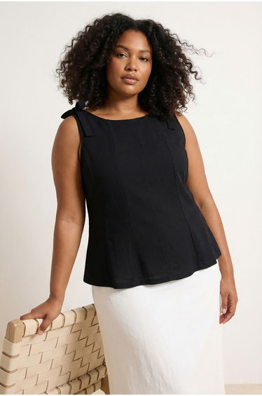 Black Zero Sleeve Peplum Waist Fitted Shoulder Bow Detail Knitted Blouse