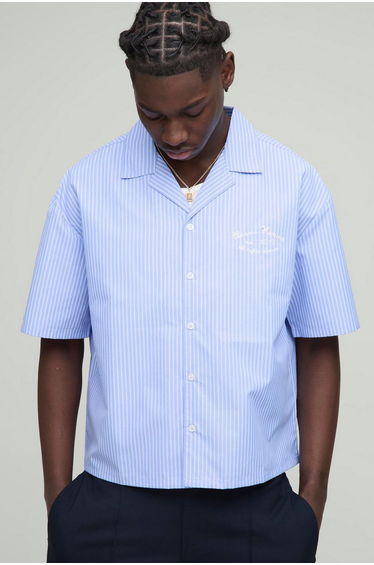 Navy Oversized Boxy Stripe Revere Collar Shirt - navy