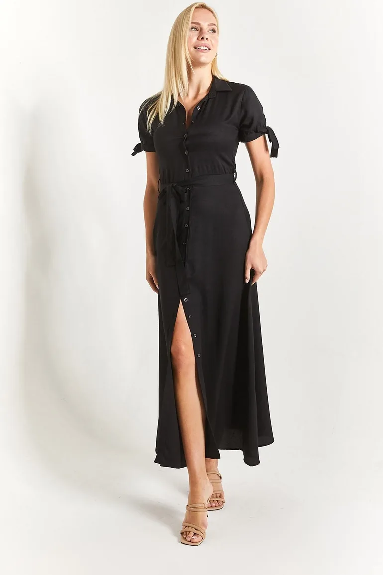 Women's Black Shirt Dress with Tie Sleeves and Belted Waist - 1