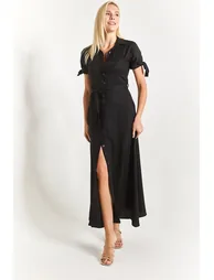 Women's Black Shirt Dress with Tie Sleeves and Belted Waist - 1
