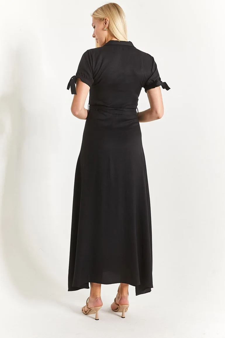 Women's Black Shirt Dress with Tie Sleeves and Belted Waist - 3