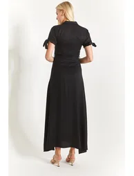 Women's Black Shirt Dress with Tie Sleeves and Belted Waist - 3