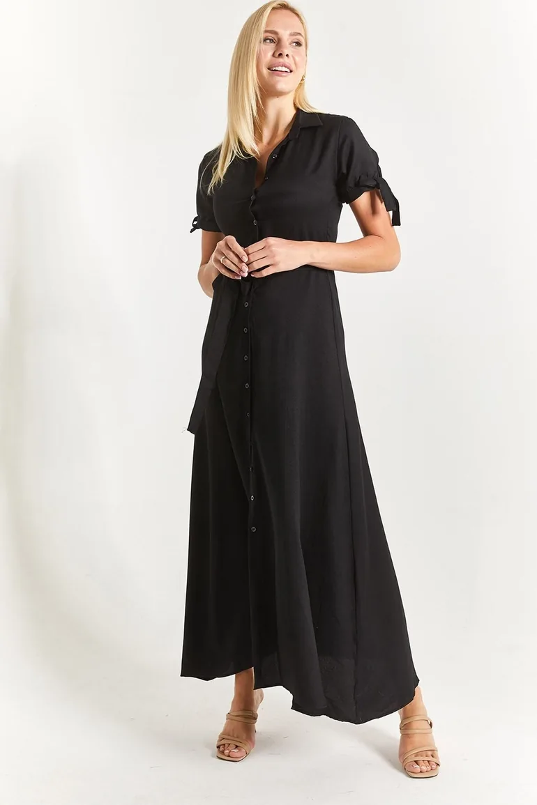 Women's Black Shirt Dress with Tie Sleeves and Belted Waist - 2