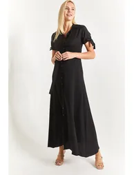 Women's Black Shirt Dress with Tie Sleeves and Belted Waist - 2