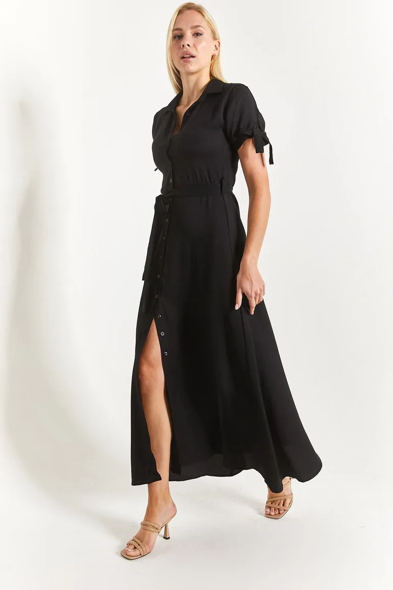 Women's Black Shirt Dress with Tie Sleeves and Belted Waist