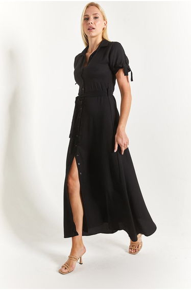 Women's Black Shirt Dress with Tie Sleeves and Belted Waist